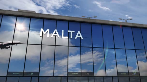 Реактивный Самолет Приземляется Мальте Визуализации Анимации Прибытие Город Стеклянным Терминалом — стоковое видео