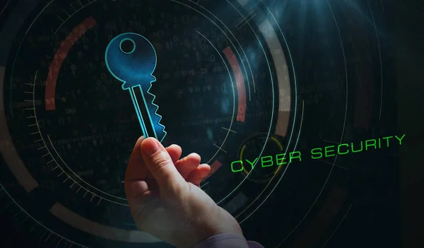 Cyber security, computer protection, digital safety technology with key symbol in hand. Abstract concept 3d rendering illustration.