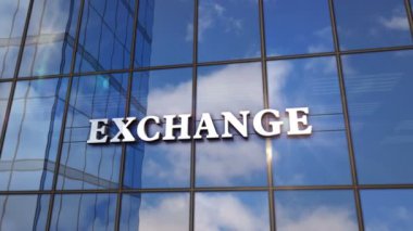 Cam bina bakanlığı. Aynalı gökyüzü ve şehrin modern yüzü. Borsa, piyasa, finans ve ekonomi konsepti 3D canlandırma animasyonu.