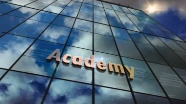 Cam gökdelendeki akademi tabelası. Zaman aşımına uğramış gökyüzü binanın içinde yansıtılıyor. Kamu eğitimi, öğrenim, lise ve üniversite konsepti döngüsüz 3D canlandırma animasyonu.