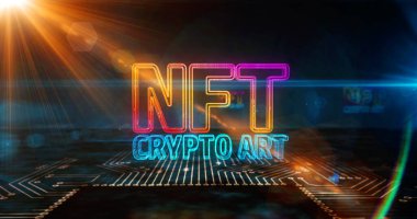 NFT Crypto Art symbol. Non fungible token, digital collectibles selling, cyber transaction and unique certificate concept. Technology 3D illustration. Board circuit inside computer. clipart