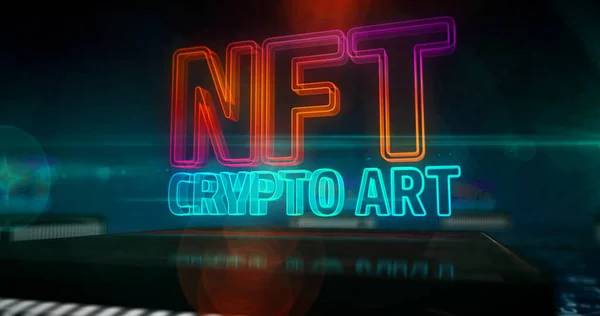 NFT Şifreleme Sanatı sembolü. Finansal olmayan jetonlar, dijital koleksiyon satışı, siber işlem ve benzersiz sertifika konsepti. Teknoloji 3 boyutlu illüstrasyon. Bilgisayarın içindeki tahta devresi.