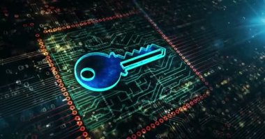 Siber güvenlik, bilgisayar koruması, devre kartında 3D sembollü dijital güvenlik teknolojisi. Soyut konsept 3d canlandırma simgesi.