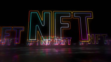 NFT kripto sanat simgesi, eşsiz koleksiyonların iadesiz simgesi, engelleme zinciri ve teknoloji konsepti satan dijital sanat eserleri. Fütürist soyut kavram 3D resimleme.