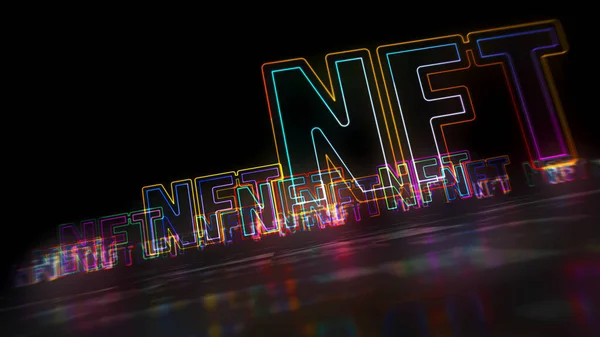 NFT kripto sanat simgesi, eşsiz koleksiyonların iadesiz simgesi, engelleme zinciri ve teknoloji konsepti satan dijital sanat eserleri. Fütürist soyut kavram 3D resimleme.