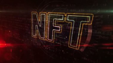 NFT kripto sanat işareti, eşsiz koleksiyonların iadesiz simgesi, engelleme zinciri ve dijital sanat eserleri teknoloji neon sembolü. Soyut kavram 3d canlandırma arkaplan canlandırması.