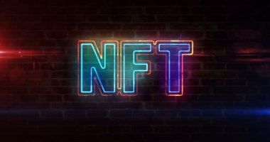 NFT kripto sanat levhası neon tuğla duvar, eşsiz koleksiyonların iadesiz simgesi, teknoloji konsepti satan dijital sanat eserleri. Soyut 3d görüntüleme döngüsü ve kusursuz canlandırma.