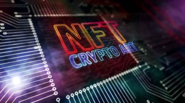 NFT Crypto Art symbol. Non fungible token, digital work selling, cyber transaction and unique certificate concept. Icon flying over the working computer. Loopable seamless abstract background.