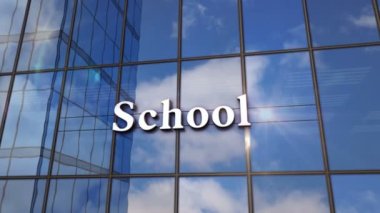 Cam inşaatı okulu. Aynalı gökyüzü ve şehrin modern yüzü. Kamu temel eğitim ve öğrenim kavramı 3 boyutlu canlandırma animasyonu.