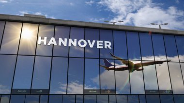 Hannover, Almanya 'ya jet uçağı iniyor. 3D görüntüleme. Cam havaalanı terminali ve uçağın yansıması ile şehre varış. Seyahat, iş, turizm ve ulaşım kavramı.