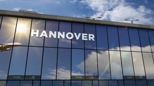 Samolot Odrzutowy Lądujący Hanowerze Niemcy Animacja Renderowania Przyjazd Miasta Szklanym — Wideo stockowe