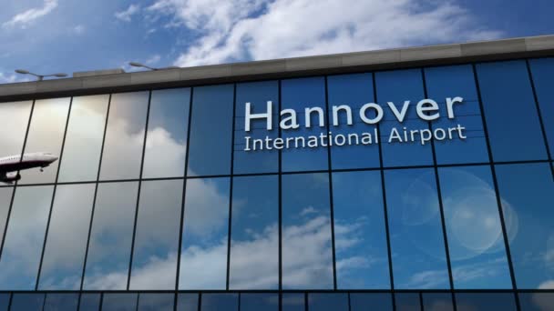 Pesawat Jet Mendarat Hannover Animasi Render Jerman Tiba Kota Dengan — Stok Video