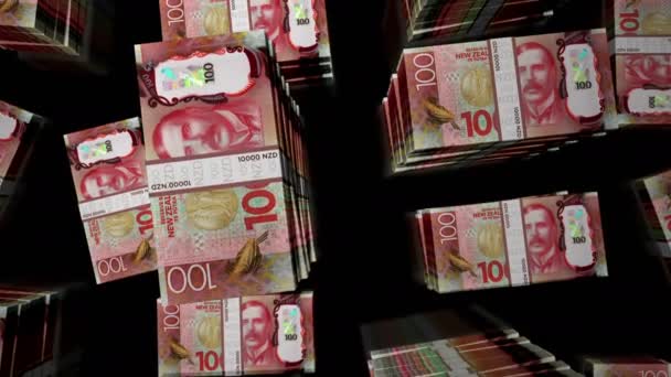 ニュージーランドドルのお金パックループ 紙幣の上を飛行すると上が見える 3Dループ可能なシームレスなアニメーション ビジネス 金融の抽象的な背景概念 — ストック動画