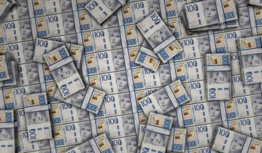 İsveç Kronu para paketi 3D illüstrasyon. 100 SEK banknot destesi. İsveç 'te finans, nakit, ekonomi krizi, iş başarısı, durgunluk, banka, vergi ve borç kavramı.