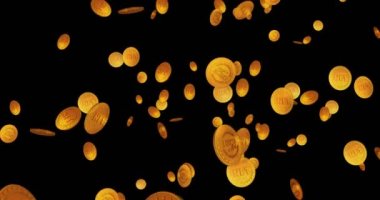 NFT Kripto sanat altın sikkesi düşüyor. Döndürülebilir dijital arkaplan. 3 boyutlu kolleksiyonsuz döngü konsepti, engelleme zinciri teknolojisi ve karşılanamaz jeton. Dönen altın yağmur soyut animasyon döngüsü.