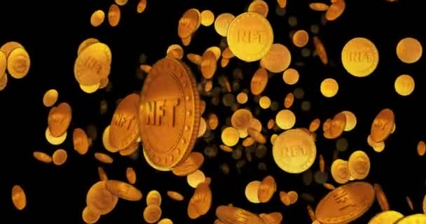Nft Cryptoは黄金のコインの間のループフライトです ループ可能な抽象的背景 収集品 ブロックチェーン技術 およびファンタブルトークンの3Dシームレスなループコンセプト — ストック動画