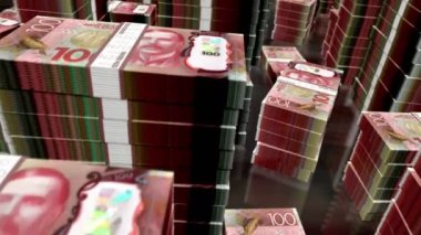 Yeni Zelanda Doları para paketleri döngüsü. NZD banknotları üzerinde 3D uçuş kuleleri desteler. Döngüsüz, kusursuz animasyon. İş dünyası, ekonomi krizi, ekonomik durgunluk ve finans konsepti.