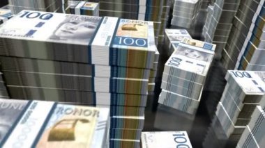 İsveç Kronu para paketleri döngüsü. SEK banknotları üzerinde 3D uçuş kuleleri dizer. Döngüsüz, kusursuz animasyon. İsveç 'te iş dünyası, ekonomik kriz, ekonomik durgunluk ve finans konsepti.