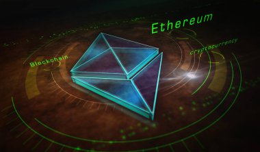 Ethereum sembolü, kripto para birimi, siber para, ETH kripto para birimi ve dijital para ikonu. Soyut sembol konsepti 3D resimleme.