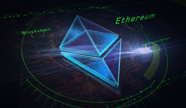 Ethereum sembolü, kripto para birimi, siber para, ETH kripto para birimi ve dijital para ikonu. Soyut sembol konsepti 3D resimleme.