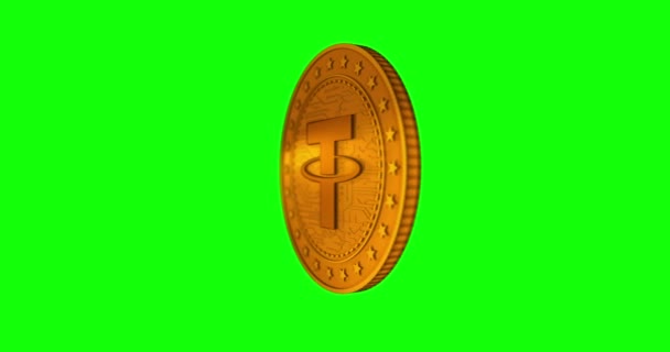 Tether Usdt Criptovaluta Isolato Moneta Oro Sfondo Verde Schermo Loop — Video Stock