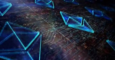 Ethereum sembolü, ETH, kripto para birimi, siber para, kripto para birimi ve dijital para metal ikonları. Döngüsüz soyut kavram 3 boyutlu canlandırma. İşaretin üzerinden uçuyor.