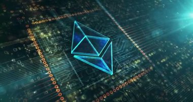 Ethereum sembolü, ETH, dijital para, kripto para, siber para ve kripto para birimi ikonu konsepti. Devre kartındaki metal sembol. Soyut kavram 3D canlandırma canlandırması.