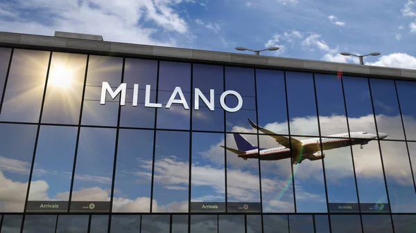 Samolot Odrzutowy Lądujący Mediolanie Włochy Ilustracja Przyjazd Miasta Szklanym Terminalem — Zdjęcie stockowe
