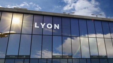 Fransa, Lyon 'a Jet uçakları iniyor. 3D animasyon. Cam havaalanı terminali ve uçağın yansıması ile şehre varış. Seyahat, iş, turizm ve ulaşım kavramı.