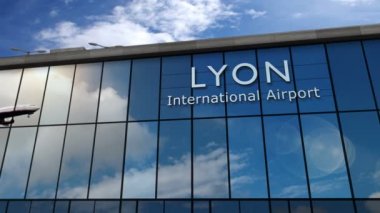Fransa, Lyon 'a Jet uçakları iniyor. 3D animasyon. Cam havaalanı terminali ve uçağın yansıması ile şehre varış. Seyahat, iş, turizm ve ulaşım kavramı.