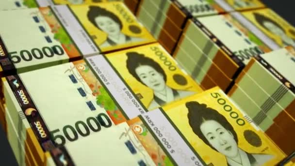韓国ウォンお金パックループ3Dアニメーション ビジネス 銀行のループ可能なシームレスな概念 銀行券の束を移動するカメラ — ストック動画
