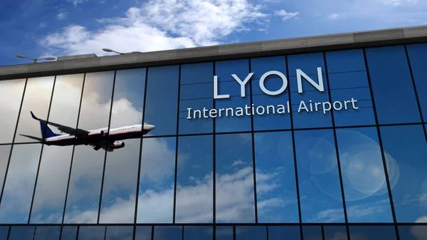 フランスのリヨンに着陸するジェット航空機3Dレンダリングイラスト ガラス空港ターミナルと飛行機の反射で街に到着します ビジネス 交通の概念 — ストック写真