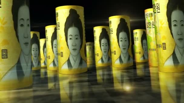 South Korea Won Roll Loop Animation Англійською Гроші Столі Камера — стокове відео