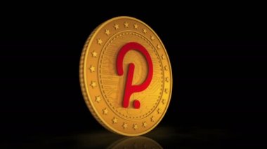 Arka planda Polkadot şifreleme üç boyutlu altın para var. Alış-veriş ve engelleme teknolojisinin animasyonunun altın metal kavramını döndür.