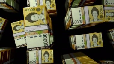 Güney Kore Won 'u 3D animasyon yapıyor. Kamera görüntüsü şehirlerarası. KRW para paketleri. Enflasyon, ekonomi, kriz, iş, başarı, bankacılık, borç ve finans kavramı.