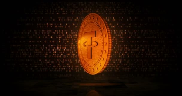 Tether Pièce Crypto Monnaie Usdt Sur Fond Numérique Bouclable Concept — Video