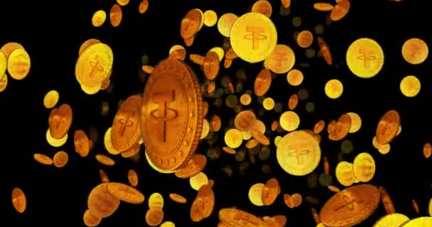 Tether Cryptogeld Een Lussen Vlucht Tussen Gouden Munten Loopbare Abstracte — Stockvideo