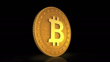 Arka planda Bitcoin şifreleme 3D altın para var. BTC aktarımı ve engelleme teknolojisinin altın metal soyut animasyonunu döndür.