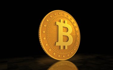 Bitcoin kripto para sembolü yeşil ekranda altın para. Soyut konsept 3d illüstrasyon.