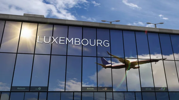 ルクセンブルク3Dレンダリングイラストでジェット航空機着陸 ガラス空港ターミナルと飛行機の反射で街に到着します ビジネス 交通の概念 — ストック写真