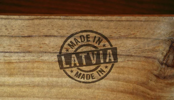 Sello Hecho Letonia Impreso Caja Madera Concepto País Fábrica Fabricación —  Fotos de Stock