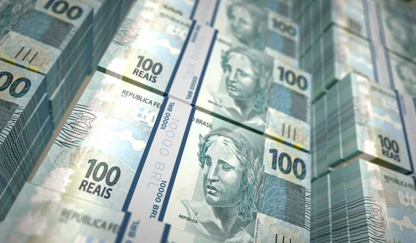 Brazilian Real money pack 3d illustration. BRL banknote bundle stacks. Concept of finance, cash, economy crisis, business success, recession, bank, tax and debt.