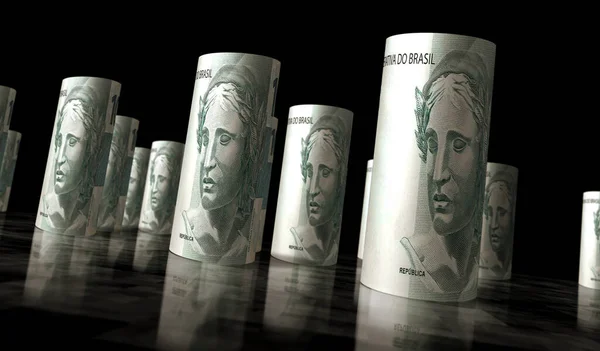 Brazilian Real money pack 3d illustration. BRL banknote bundle stacks. Concept of finance, cash, economy crisis, business success, recession, bank, tax and debt.