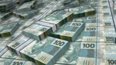 Brezilya 'nın gerçek banknot döngüsü. BRL para yığınları. İş, ekonomi, bankacılık ve finans kavramı. Para paketlerinin üzerinde kamera var. Döngüsüz 3D canlandırma.