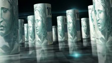Brezilya Real Roll 'ları 3D döngü animasyonu. Masada para var. BRL banknotları arasındaki kamera kaydı. Brezilya 'da ekonomi, finans, ticaret, durgunluk ve borç gibi kusursuz ve döngüsüz soyut kavramlar.