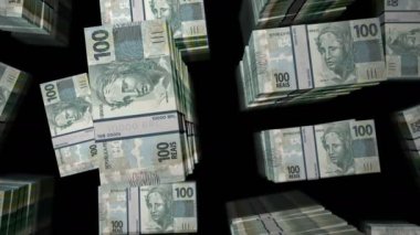 Brezilya Gerçek Para Paket döngüsü. BRL banknotları üzerinden uçuş üst görünümü destekler. Üç boyutlu, kusursuz bir animasyon. Başarı, ekonomi, kriz, ticaret, durgunluk, borç, finans gibi soyut arka plan kavramları.