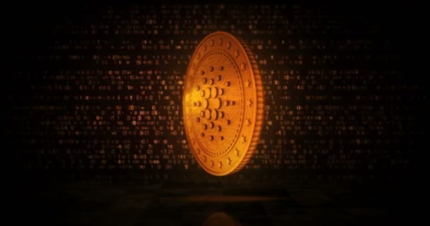 卡达诺 阿达加密货币金币在易碎的数字背景上 3D无缝循环的概念 旋转的金金属环抽象动画 — 图库视频影像