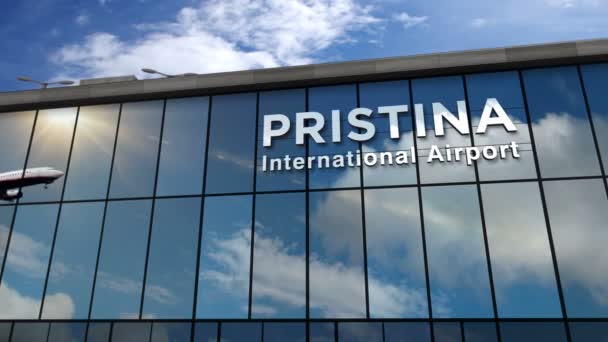 Flygplanslandning Pristina Kosovo Återgivning Animation Ankomst Till Staden Med Flygplatsterminalen — Stockvideo