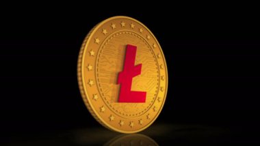 Litecoin kripto altın sikkesi çevrilebilir dijital arka planda. Üç boyutlu kusursuz döngü konsepti. Dönen altın metal döngüsü soyut animasyon.