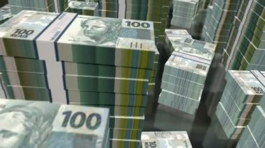 Brezilya 'ya ait gerçek para paketleri döngüsü. BRL banknotları üzerinde 3D uçuş kuleleri istifler. Döngüsüz, kusursuz animasyon. İş dünyası, ekonomi krizi, ekonomik durgunluk ve finans konsepti.